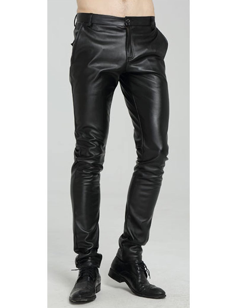 Yeokou Men's Skinny Straight Leg Tapered Pu Faux Leather Motorcycle Biker Pants (30, Black) - Image 5